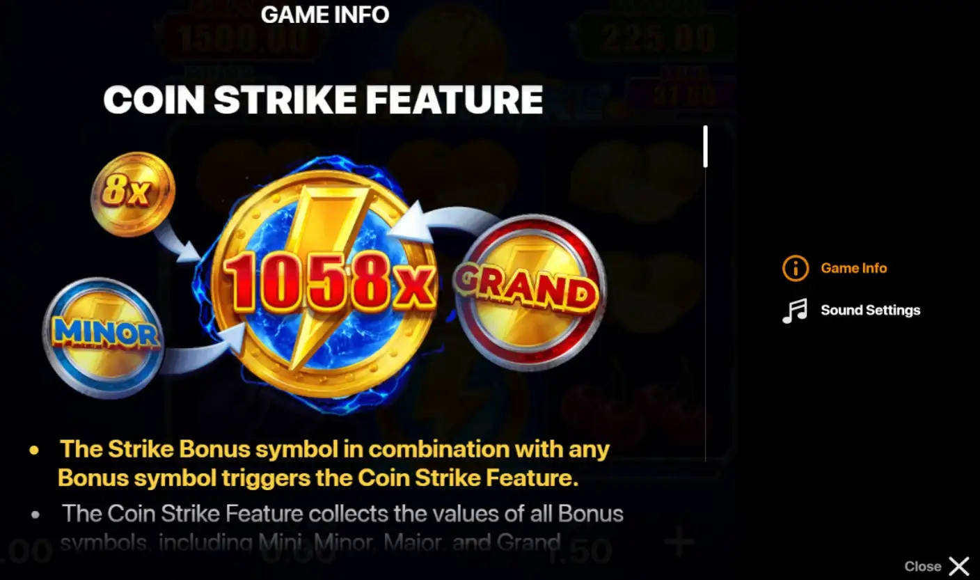 Coin Strike Game Info screen explaining the Strike Bonus feature for Polish players.